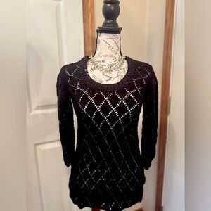 WHBM open knit black tunic sweater with beaded neckline size XS